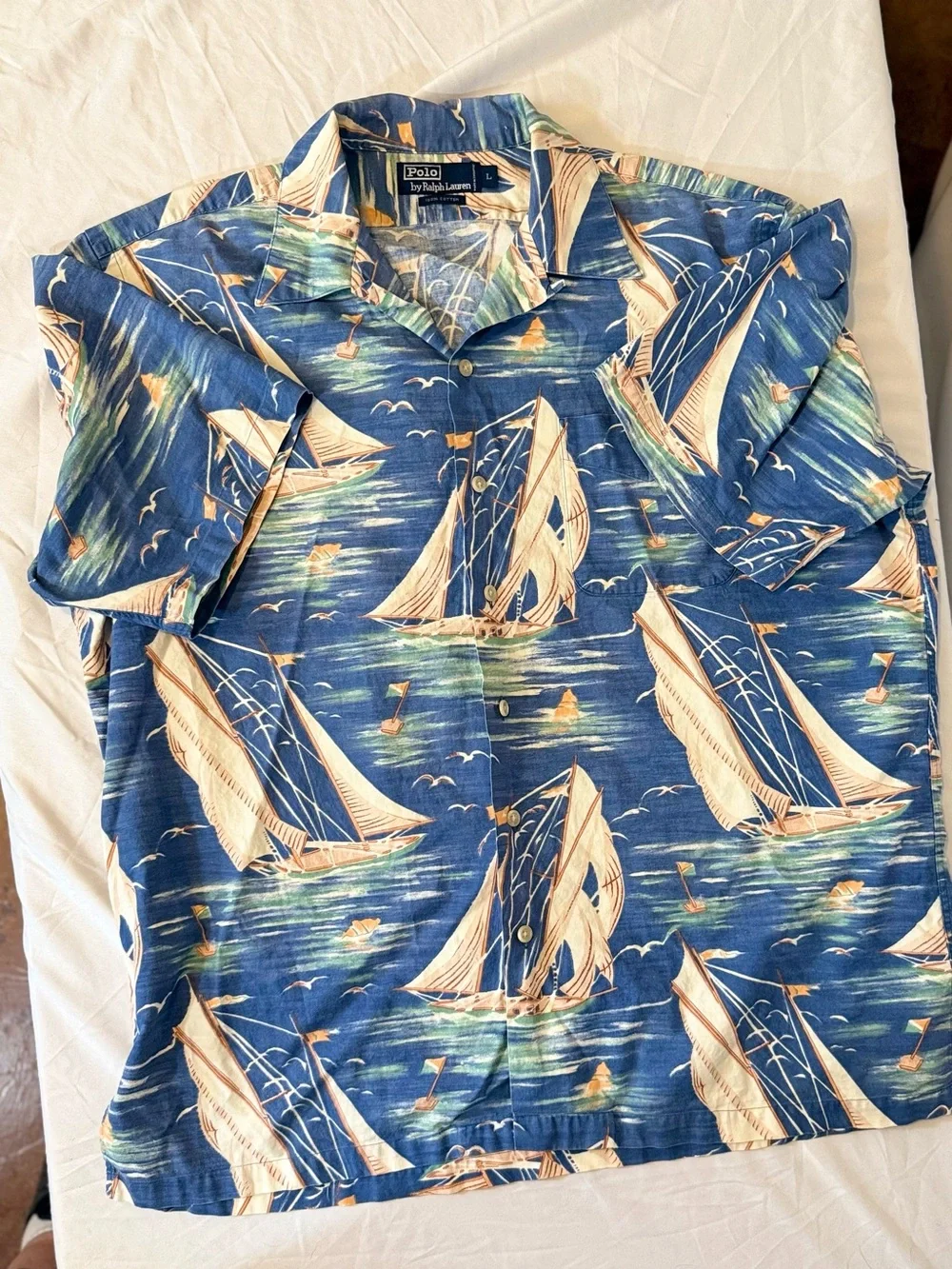 Polo Ralph Lauren Vintage Camp Shirt Men’s Lg Blue Nautical Short Sleeve (HH26)